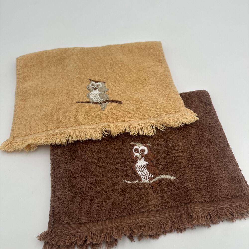 2 Vintage Martex Hand Towels Fringe 100% Cotton Brown Yellow Owls